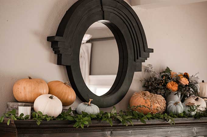 Decorate for Fall on a Budget |diy fall decorations|budget decorating|farmhouse decor|fall decor|mansard mirror|pumpkin fall mantel|easy fall mantel|simple fall decor|frugal fall decorating|fall diy mantel|budget decorating|fall pumpkins|diy mantel decor|fall home tour|Hallstrom Home