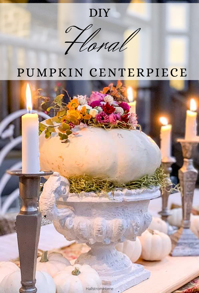 DIY Floral Pumpkin Table Centerpiece |fall diy|fall tablescape|farmhouse table|fall farmhouse|pumpkin centerpiece|floral pumpkin centerpiece|decorated pumpkin|shabby chic fall decor|stacked pumpkin centerpiece| HallstromHome