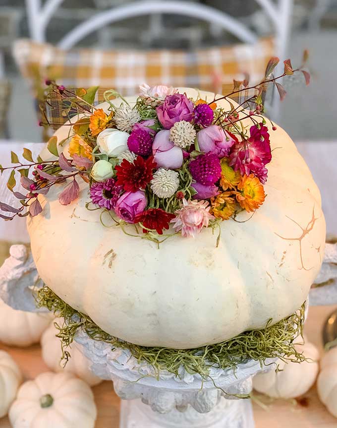 DIY Floral Pumpkin Table Centerpiece |fall diy|fall tablescape|farmhouse table|fall farmhouse|pumpkin centerpiece|floral pumpkin centerpiece|decorated pumpkin|shabby chic fall decor|stacked pumpkin centerpiece| HallstromHome