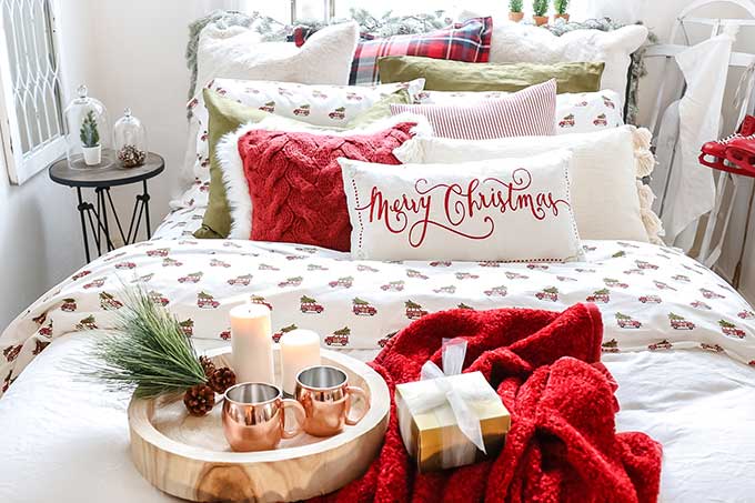 How to Decorate Your Bedroom for Christmas in 6 Steps |Christmas Bedroom|easy Christmas|farmhouse Christmas|merry Christmas|farmhouse Style|copper mugs|merry Christmas|cottage Christmas|easy Christmas Style|pom pom pillow|christmas style|easy christmas bedroom|diy Christmas|plaid Christmas|Holiday decor|holiday home style|Hallstrom Home