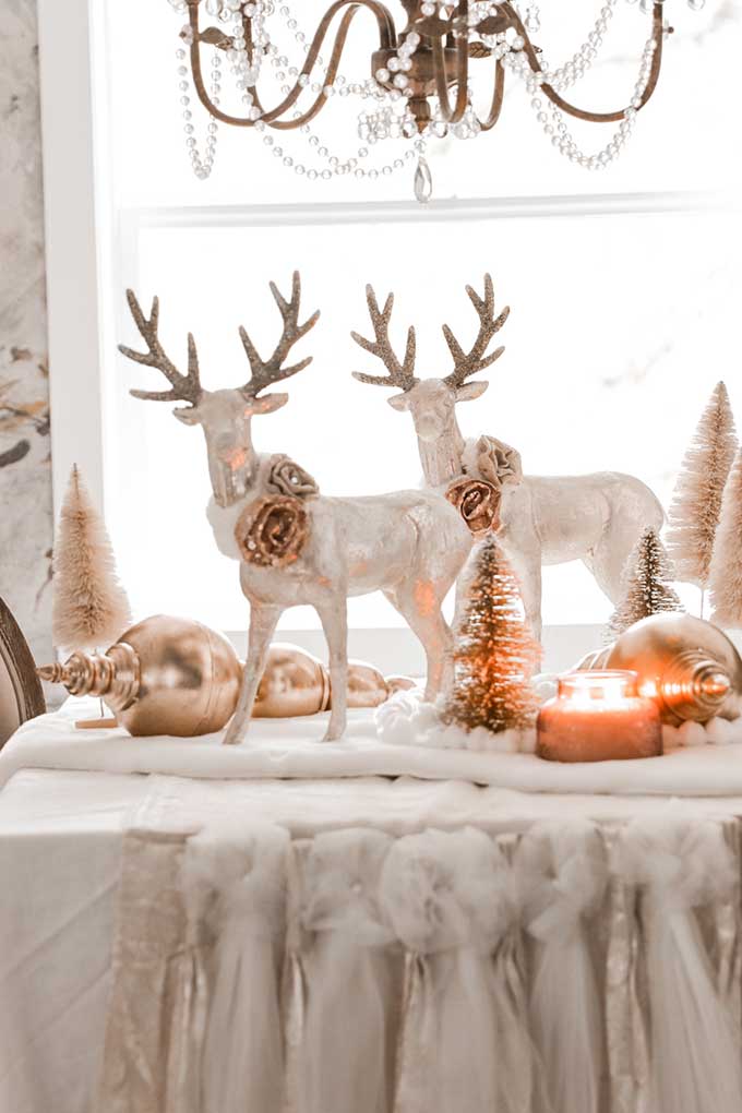 Winter Tablescape with Pom Poms|deer tablescape|winter table|farmhouse style|shabby chic decor|shabby chic winter|cottage chic|winter table scene|winter deer|pom pom diy|gold winter|white and gold christmas|gold christmas|christmas scene|winter tablescape|farmhouse winter|farmhouse Christmas|Hallstrom Home