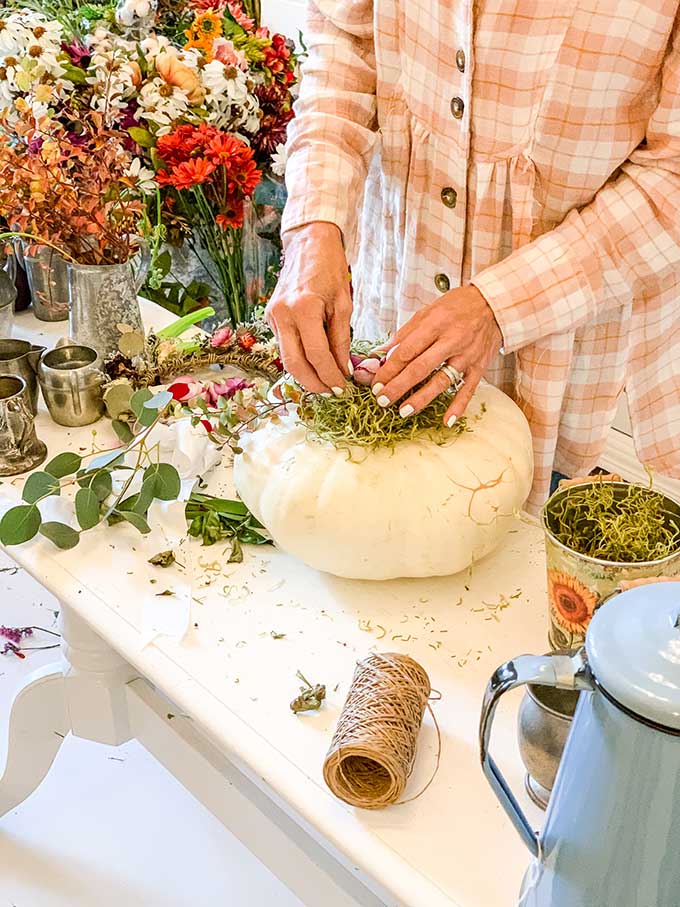 DIY Floral Pumpkin Table Centerpiece |fall diy|fall tablescape|farmhouse table|fall farmhouse|pumpkin centerpiece|floral pumpkin centerpiece|decorated pumpkin|shabby chic fall decor|stacked pumpkin centerpiece| HallstromHome