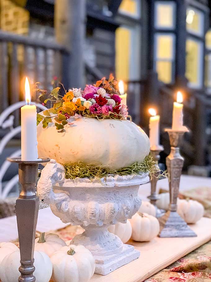 DIY Floral Pumpkin Table Centerpiece |fall diy|fall tablescape|farmhouse table|fall farmhouse|pumpkin centerpiece|floral pumpkin centerpiece|decorated pumpkin|shabby chic fall decor|stacked pumpkin centerpiece| HallstromHome