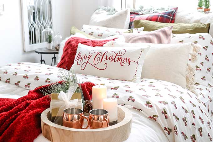 How to Decorate Your Bedroom for Christmas in 6 Steps |Christmas Bedroom|easy Christmas|farmhouse Christmas|merry Christmas|farmhouse Style|copper mugs|merry Christmas|cottage Christmas|easy Christmas Style|pom pom pillow|christmas style|easy christmas bedroom|diy Christmas|plaid Christmas|Holiday decor|holiday home style|Hallstrom Home