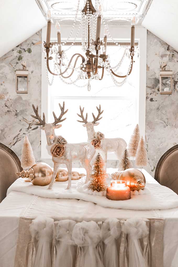 Winter Tablescape with Pom Poms|deer tablescape|winter table|farmhouse style|shabby chic decor|shabby chic winter|cottage chic|winter table scene|winter deer|pom pom diy|gold winter|white and gold christmas|gold christmas|christmas scene|winter tablescape|farmhouse winter|farmhouse Christmas|Hallstrom Home