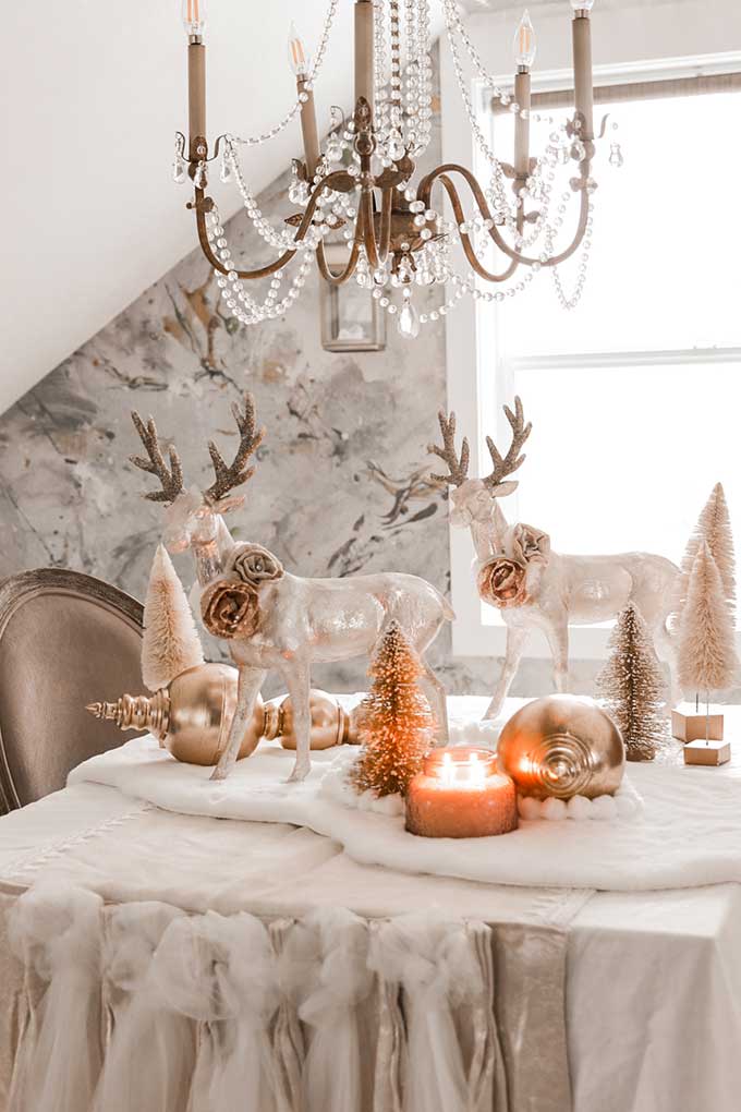 Winter Tablescape with Pom Poms|deer tablescape|winter table|farmhouse style|shabby chic decor|shabby chic winter|cottage chic|winter table scene|winter deer|pom pom diy|gold winter|white and gold christmas|gold christmas|christmas scene|winter tablescape|farmhouse winter|farmhouse Christmas|Hallstrom Home