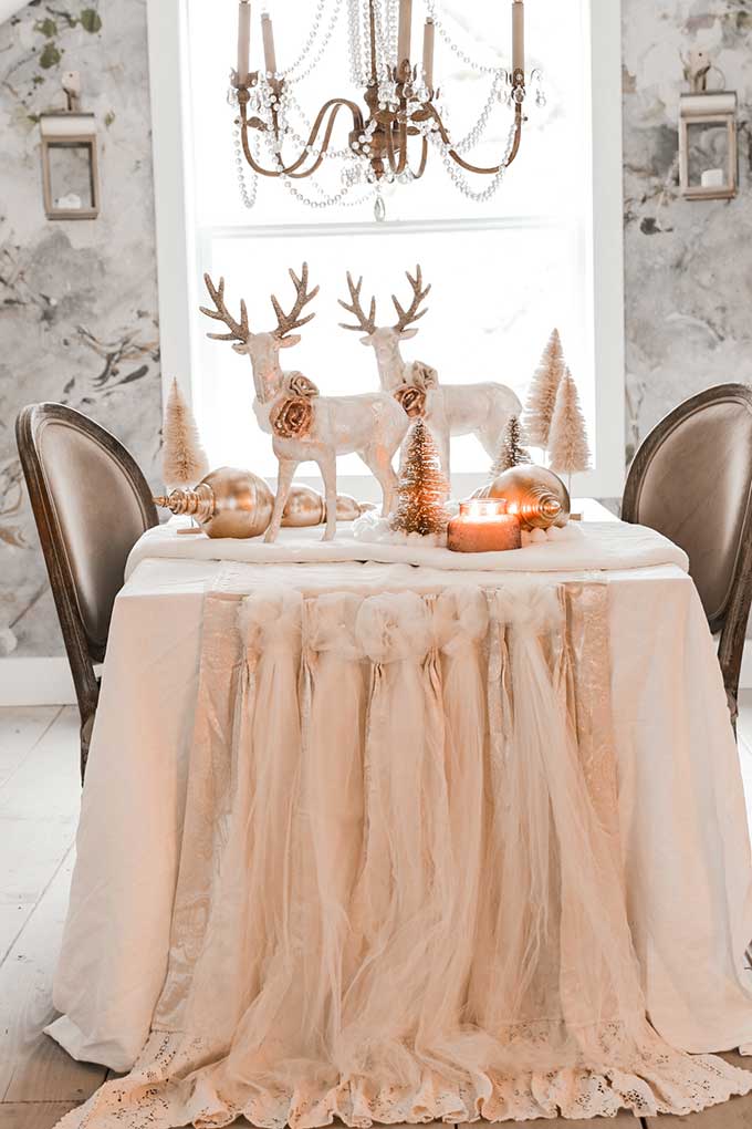 Winter Tablescape with Pom Poms|deer tablescape|winter table|farmhouse style|shabby chic decor|shabby chic winter|cottage chic|winter table scene|winter deer|pom pom diy|gold winter|white and gold christmas|gold christmas|christmas scene|winter tablescape|farmhouse winter|farmhouse Christmas|Hallstrom Home