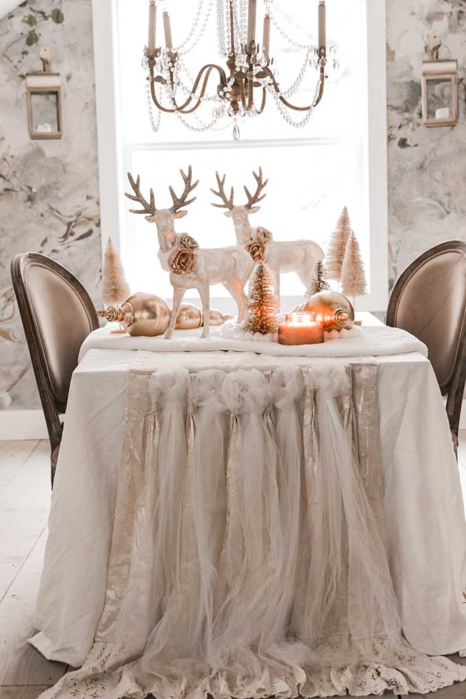 Winter Tablescape with Pom Poms|deer tablescape|winter table|farmhouse style|shabby chic decor|shabby chic winter|cottage chic|winter table scene|winter deer|pom pom diy|gold winter|white and gold christmas|gold christmas|christmas scene|winter tablescape|farmhouse winter|farmhouse Christmas|Hallstrom Home