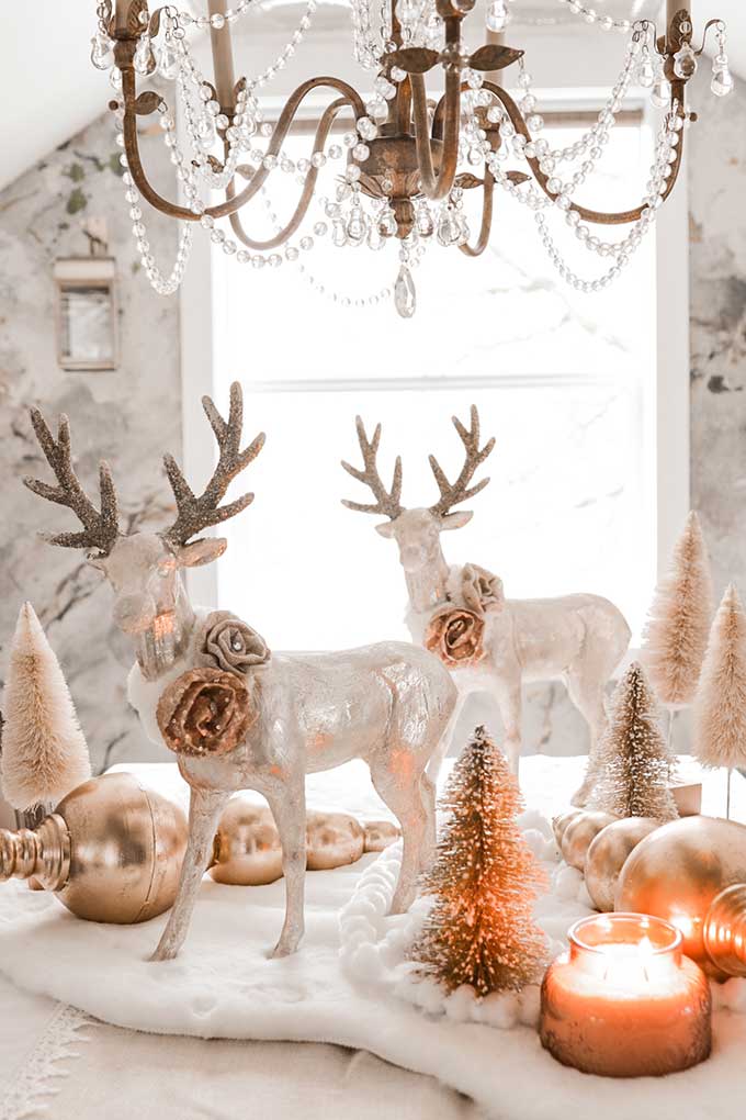 Winter Tablescape with Pom Poms|deer tablescape|winter table|farmhouse style|shabby chic decor|shabby chic winter|cottage chic|winter table scene|winter deer|pom pom diy|gold winter|white and gold christmas|gold christmas|christmas scene|winter tablescape|farmhouse winter|farmhouse Christmas|Hallstrom Home