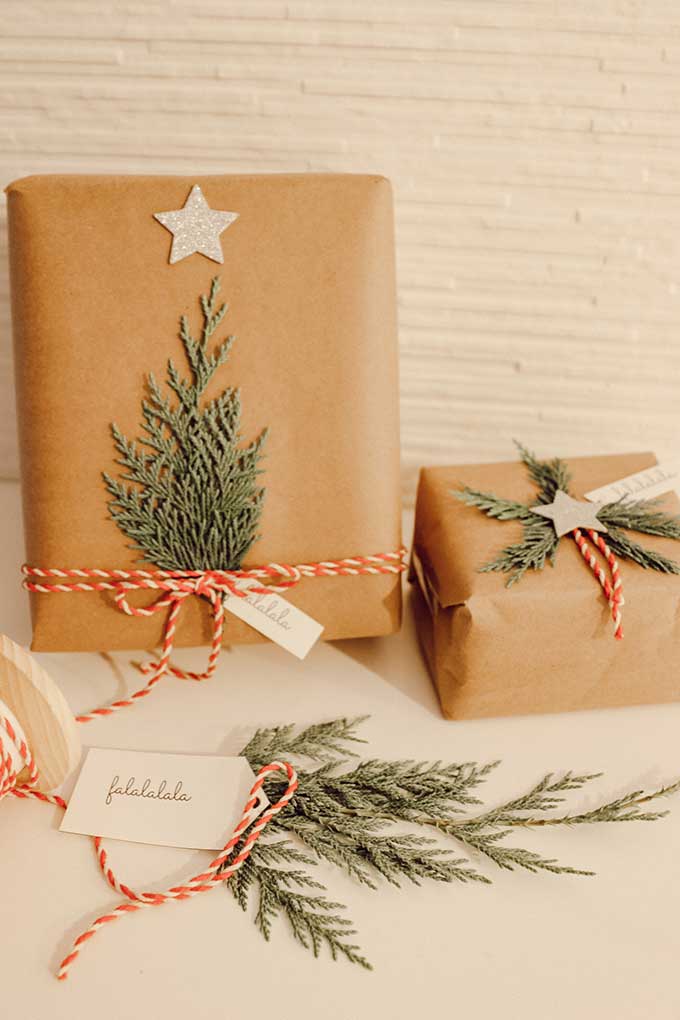 Natural Holiday Gift Wrap with Greenery |simple christmas wrapping|scandinavian Christmas|scandinavian christmas wrapping|christmas tree wrapping paper|best Christmas wrap ideas|cedar gift wrap|free printables|christmas gift tags|christmas printables|easy gift wrap ideas|farmhouse christmas|white farmhouse|easy gift diy|Hallstrom Home