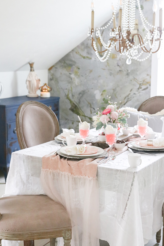 Valentine's Table Setting |Valentines Party|Romantic Valentines|Shabby Chic Decor|Pink Valentines|Valentines Table Setting|Romantic Valentines Table Setting|Pink Tablescape|Farmhouse Table Setting|Valentines Party Tablescape|French Farmhouse|Valentines Party|Romantic Table|Hallstrom Home