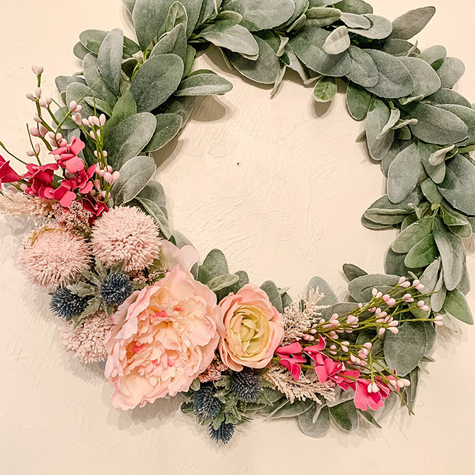 How To Make a Spring Wreath; Step By Step Guide |wreath diy|spring wreath|front door wreath|shabby chic wreath|farmhouse wreath|farmhouse decor|mudroom|mudroom update|brick wall|angel statue|easter wreath|easter egg wreath|farmhouse style|white farmhouse|farmhouse mudroom|wreath tutorial|Hallstrom Home
