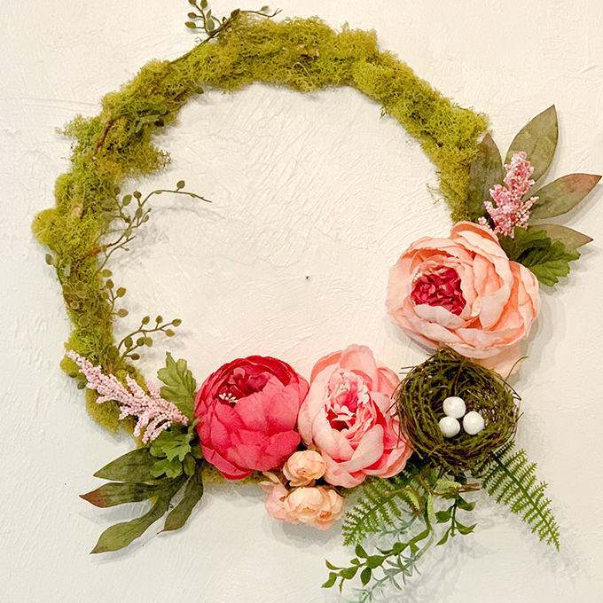 How To Make a Spring Wreath; Step By Step Guide |wreath diy|spring wreath|front door wreath|shabby chic wreath|farmhouse wreath|farmhouse decor|mudroom|mudroom update|brick wall|angel statue|easter wreath|easter egg wreath|farmhouse style|white farmhouse|farmhouse mudroom|wreath tutorial|Hallstrom Home