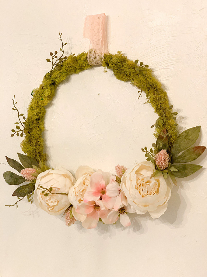 How To Make a Spring Wreath; Step By Step Guide |wreath diy|spring wreath|front door wreath|shabby chic wreath|farmhouse wreath|farmhouse decor|mudroom|mudroom update|brick wall|angel statue|easter wreath|easter egg wreath|farmhouse style|white farmhouse|farmhouse mudroom|wreath tutorial|Hallstrom Home