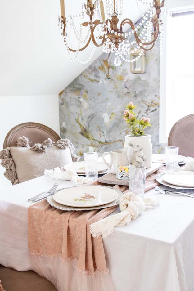 Spring Table Setting Decorating Ideas|Farmhouse Tablescape|Spring Table|Easter table|Spring Table Decor|How to decorate table|bunny plates|easter plates|easter style|Farmhouse easter|shabby chic home decor|tablescape ideas|white farmhouse|easter styling|Hallstrom Home