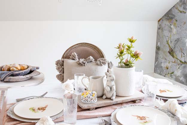 Spring Table Setting Decorating Ideas|Farmhouse Tablescape|Spring Table|Easter table|Spring Table Decor|How to decorate table|bunny plates|easter plates|easter style|Farmhouse easter|shabby chic home decor|tablescape ideas|white farmhouse|easter styling|Hallstrom Home