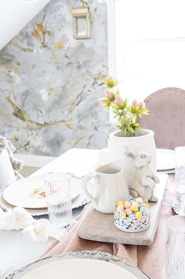 Spring Table Setting Decorating Ideas|Farmhouse Tablescape|Spring Table|Easter table|Spring Table Decor|How to decorate table|bunny plates|easter plates|easter style|Farmhouse easter|shabby chic home decor|tablescape ideas|white farmhouse|easter styling|Hallstrom Home