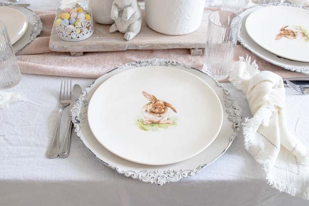 Spring Table Setting Decorating Ideas|Farmhouse Tablescape|Spring Table|Easter table|Spring Table Decor|How to decorate table|bunny plates|easter plates|easter style|Farmhouse easter|shabby chic home decor|tablescape ideas|white farmhouse|easter styling|Hallstrom Home