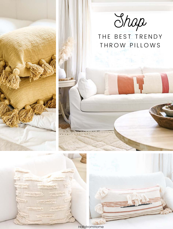 Trending Pillows for Home Decor |home decor|throw pillow|pillow trends|farmhouse pillow|throw pillow trends|boho pillows|boho home|farmhouse style|farmhouse pillows|shabby chic|shabby chic decor|cottage decor|striped pillow|best pillows|tassel pillows|pom pom pillows|lumbar pillows|modern throw pillow|Hallstrom Home