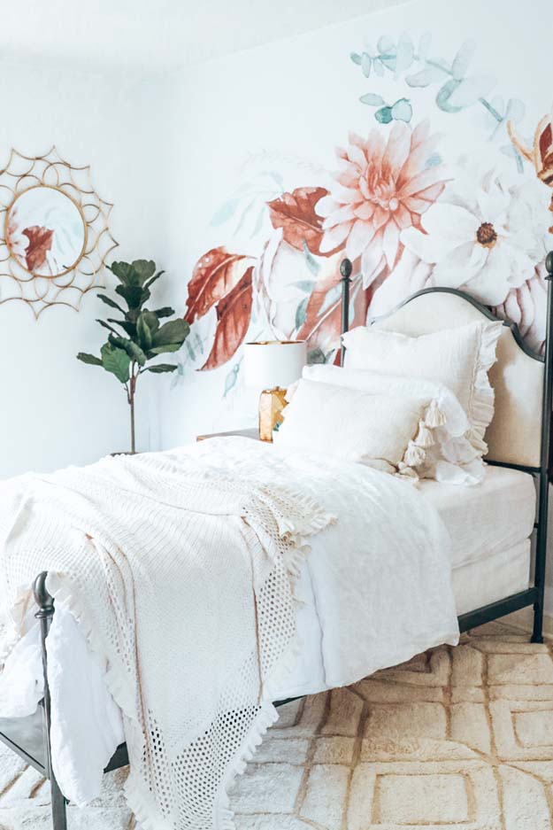 Boho Teen Girl Bedroom Design |teen girl|girls bedroom|floral wallpaper| boho bedroom ideas|boho style|wall mural|floral wall mural|shabby chic|farmhouse bedroom|teen girls style|girls boho bedroom|linen bedding|velvet bedding|teen girl bedroom decor|bedroom ideas|HallstromHome