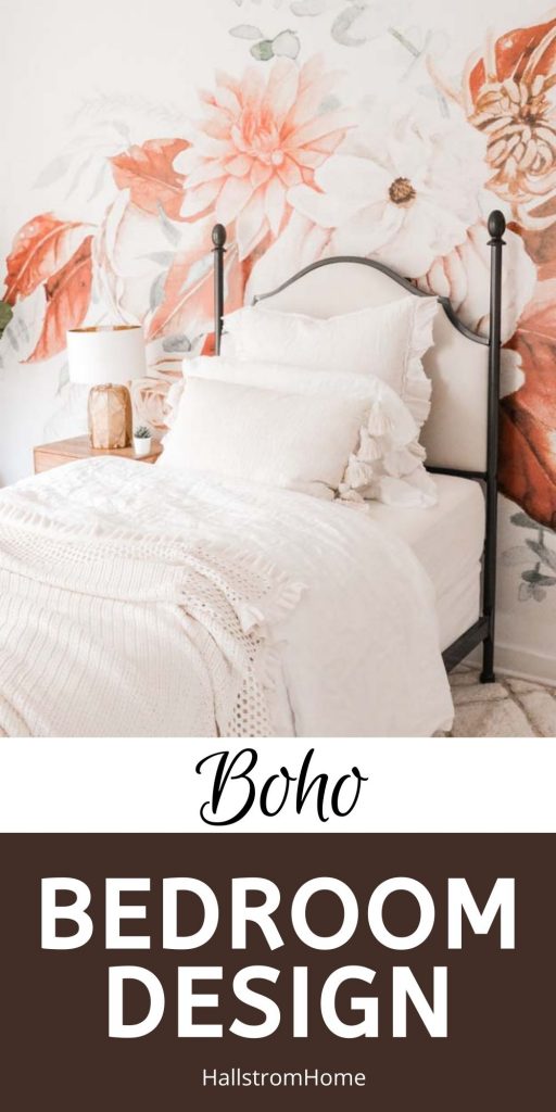 Boho Teen Girl Bedroom Design |teen girl|girls bedroom|floral wallpaper| boho bedroom ideas|boho style|wall mural|floral wall mural|shabby chic|farmhouse bedroom|teen girls style|girls boho bedroom|linen bedding|velvet bedding|teen girl bedroom decor|bedroom ideas|HallstromHome