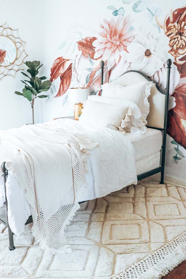 Boho Teen Girl Bedroom Design |teen girl|girls bedroom|floral wallpaper| boho bedroom ideas|boho style|wall mural|floral wall mural|shabby chic|farmhouse bedroom|teen girls style|girls boho bedroom|linen bedding|velvet bedding|teen girl bedroom decor|bedroom ideas|HallstromHome