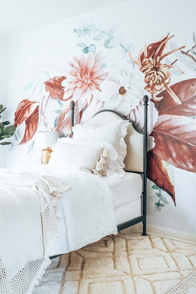 Boho Teen Girl Bedroom Design |teen girl|girls bedroom|floral wallpaper| boho bedroom ideas|boho style|wall mural|floral wall mural|shabby chic|farmhouse bedroom|teen girls style|girls boho bedroom|linen bedding|velvet bedding|teen girl bedroom decor|bedroom ideas|HallstromHome