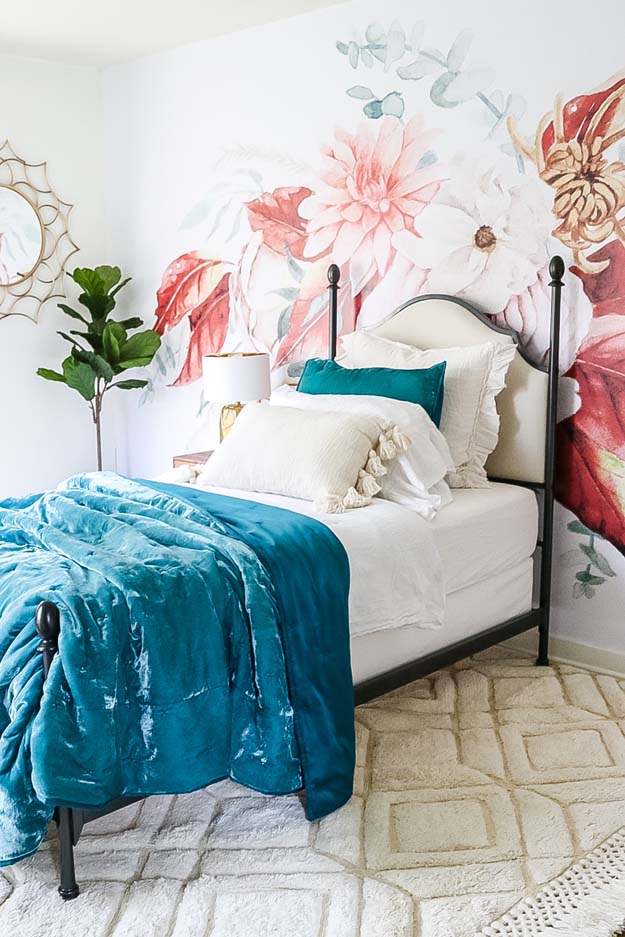 Boho Teen Girl Bedroom Design |teen girl|girls bedroom|floral wallpaper| boho bedroom ideas|boho style|wall mural|floral wall mural|shabby chic|farmhouse bedroom|teen girls style|girls boho bedroom|linen bedding|velvet bedding|teen girl bedroom decor|bedroom ideas|HallstromHome