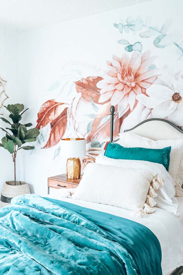 Boho Teen Girl Bedroom Design |teen girl|girls bedroom|floral wallpaper| boho bedroom ideas|boho style|wall mural|floral wall mural|shabby chic|farmhouse bedroom|teen girls style|girls boho bedroom|linen bedding|velvet bedding|teen girl bedroom decor|bedroom ideas|HallstromHome