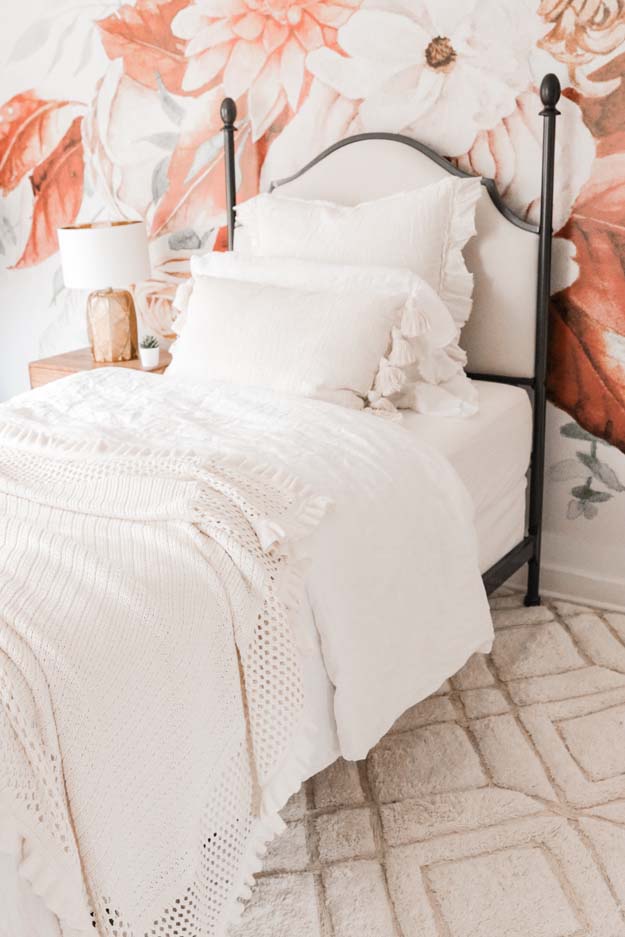 Boho Teen Girl Bedroom Design |teen girl|girls bedroom|floral wallpaper| boho bedroom ideas|boho style|wall mural|floral wall mural|shabby chic|farmhouse bedroom|teen girls style|girls boho bedroom|linen bedding|velvet bedding|teen girl bedroom decor|bedroom ideas|HallstromHome