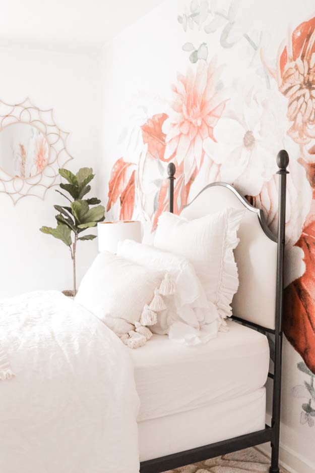 Boho Teen Girl Bedroom Design |teen girl|girls bedroom|floral wallpaper| boho bedroom ideas|boho style|wall mural|floral wall mural|shabby chic|farmhouse bedroom|teen girls style|girls boho bedroom|linen bedding|velvet bedding|teen girl bedroom decor|bedroom ideas|HallstromHome