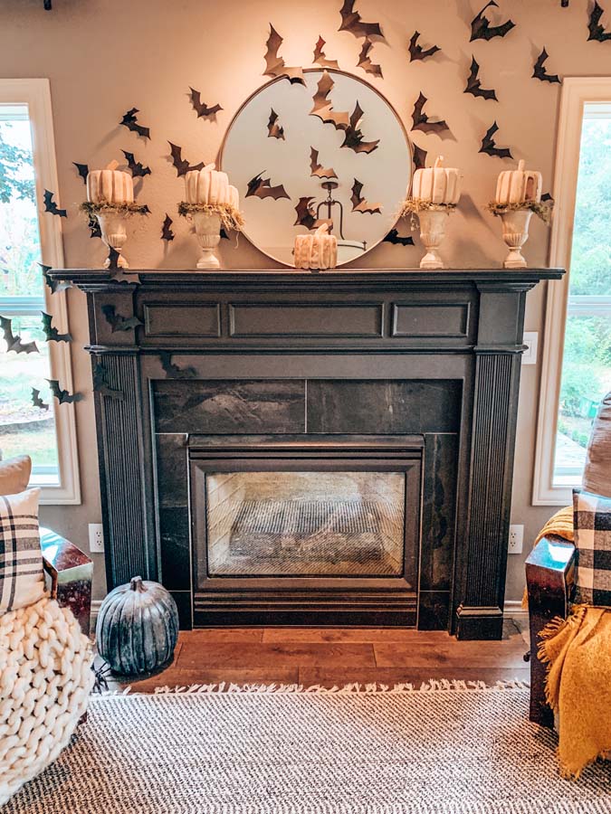 Halloween Mantel |how to decorate mantel|style for halloween|black and white halloween|glam goth halloween|spooky halloween|bat mantel|halloween mantel with bats|halloween mantel ideas|halloween decorations|hallstromhome