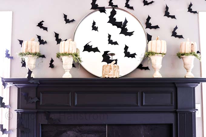 Halloween Mantel |how to decorate mantel|style for halloween|black and white halloween|glam goth halloween|spooky halloween|bat mantel|halloween mantel with bats|halloween mantel ideas|halloween decorations|hallstromhome