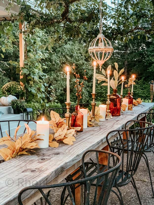 Outdoor Fall Tablescape with Leaves |fall table settings|farmhouse table|fall farmhouse table|farmhouse decor|fall leaves|fall leaf diy|outdoor tablescape|fall table settings|amber jars|fall centerpiece|amber fall decor|fall diy|fall craft|Hallstrom Home