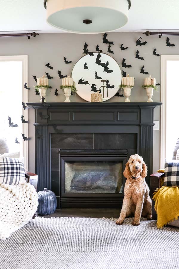 Halloween Mantel |how to decorate mantel|style for halloween|black and white halloween|glam goth halloween|spooky halloween|bat mantel|halloween mantel with bats|halloween mantel ideas|halloween decorations|hallstromhome