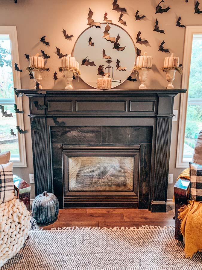 Halloween Mantel |how to decorate mantel|style for halloween|black and white halloween|glam goth halloween|spooky halloween|bat mantel|halloween mantel with bats|halloween mantel ideas|halloween decorations|hallstromhome