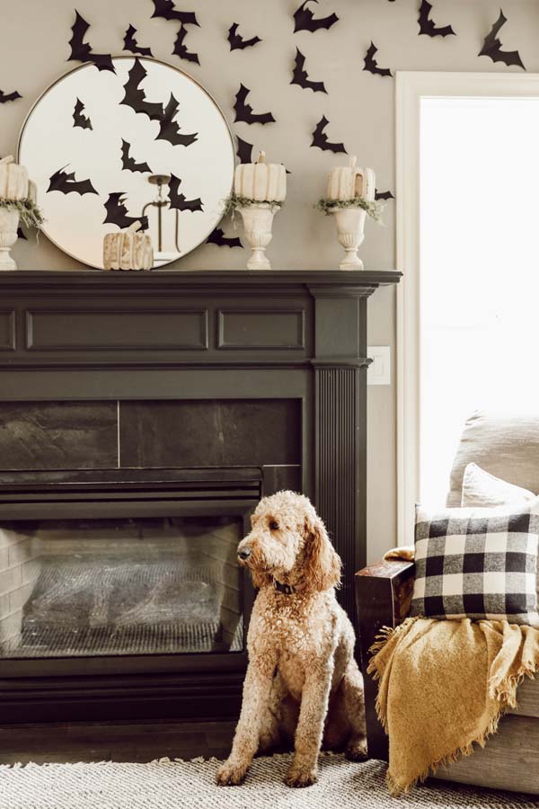 Halloween Mantel |how to decorate mantel|style for halloween|black and white halloween|glam goth halloween|spooky halloween|bat mantel|halloween mantel with bats|halloween mantel ideas|halloween decorations|hallstromhome