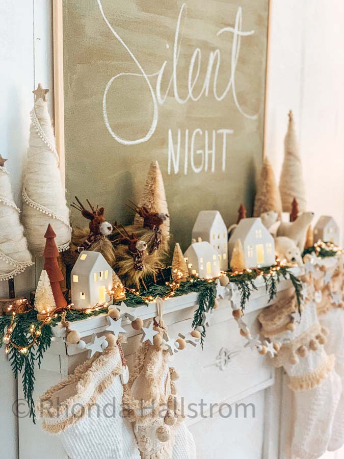 DIY Boho Christmas Stocking and Holiday Mantel |holiday decor|christmas mantel|anthropologie inspired|boho christmas|boho decor|diy stocking|Christmas stocking tutorial|farmhouse christmas|christmas mantel decor|pom pom stocking|white christmas|diy christmas|christmas craft|HallstromHome