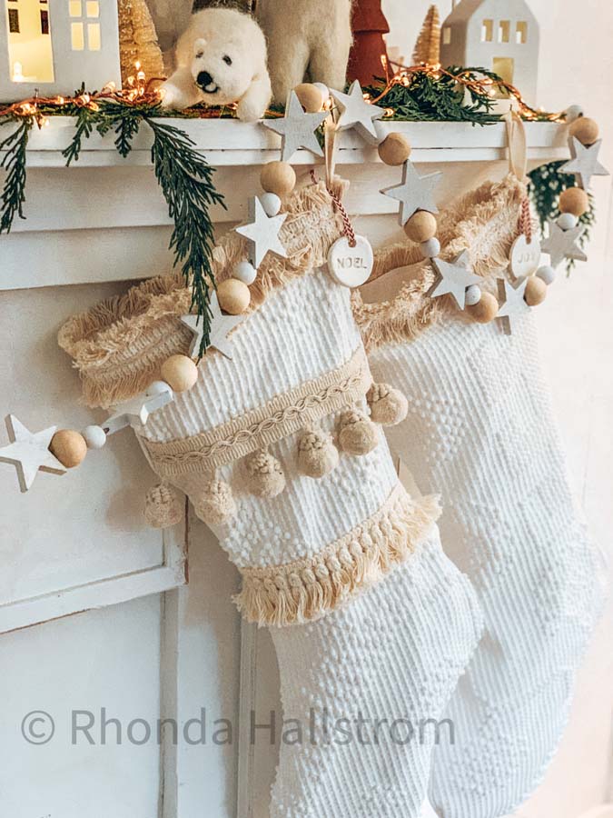 DIY Boho Christmas Stocking and Holiday Mantel |holiday decor|christmas mantel|anthropologie inspired|boho christmas|boho decor|diy stocking|Christmas stocking tutorial|farmhouse christmas|christmas mantel decor|pom pom stocking|white christmas|diy christmas|christmas craft|HallstromHome