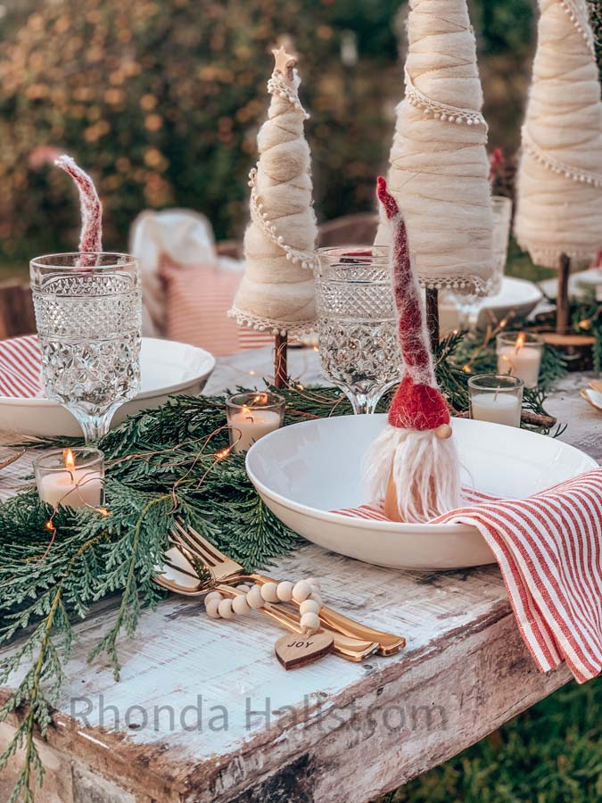 Cone Christmas Tree DIY |yarn tree|yarn christmas tree|christmas tablescape|christmas Table setting|farmhouse decor|farmhouse table|christmas tree|christmas yarn tree|red christmas table|covid christmas|social distance christmas|shabby chic christmas|christmas gnome|Hallstrom Home