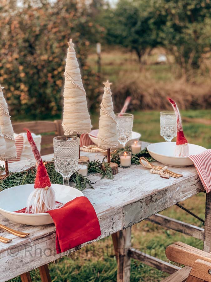 Cone Christmas Tree DIY |yarn tree|yarn christmas tree|christmas tablescape|christmas Table setting|farmhouse decor|farmhouse table|christmas tree|christmas yarn tree|red christmas table|covid christmas|social distance christmas|shabby chic christmas|christmas gnome|Hallstrom Home