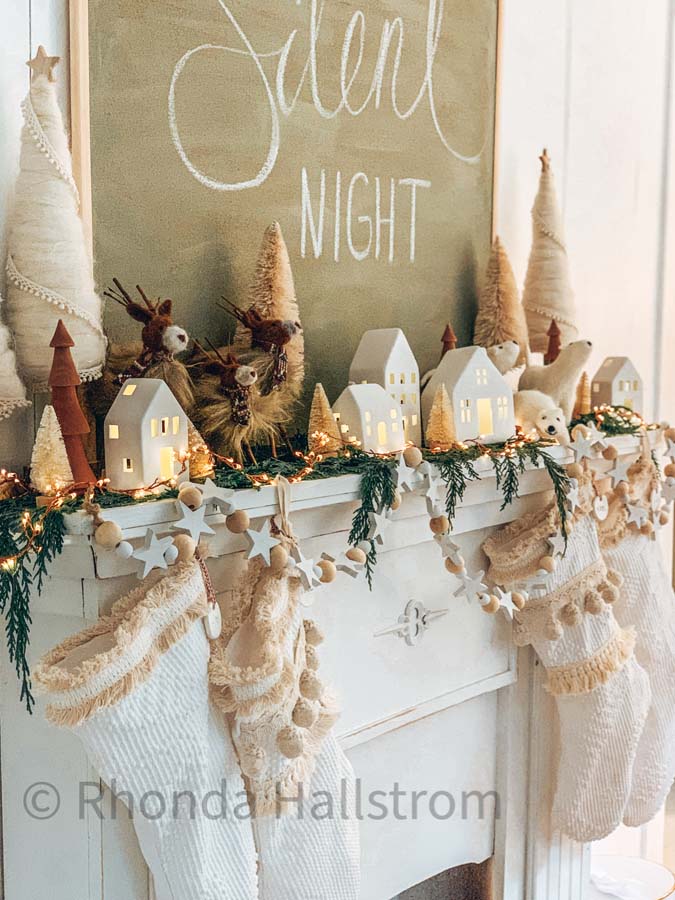 DIY Boho Christmas Stocking and Holiday Mantel |holiday decor|christmas mantel|anthropologie inspired|boho christmas|boho decor|diy stocking|Christmas stocking tutorial|farmhouse christmas|christmas mantel decor|pom pom stocking|white christmas|diy christmas|christmas craft|HallstromHome