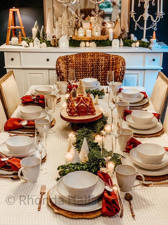 Elegant Holiday Tablescape |holiday table|christmas table|christmas decor|farmhouse christmas|easy tablescape|stoneware dishes|red christmas|holiday decor|party planning|christmas party|covid christmas|elegant dining|dining room decor|Hallstrom Home