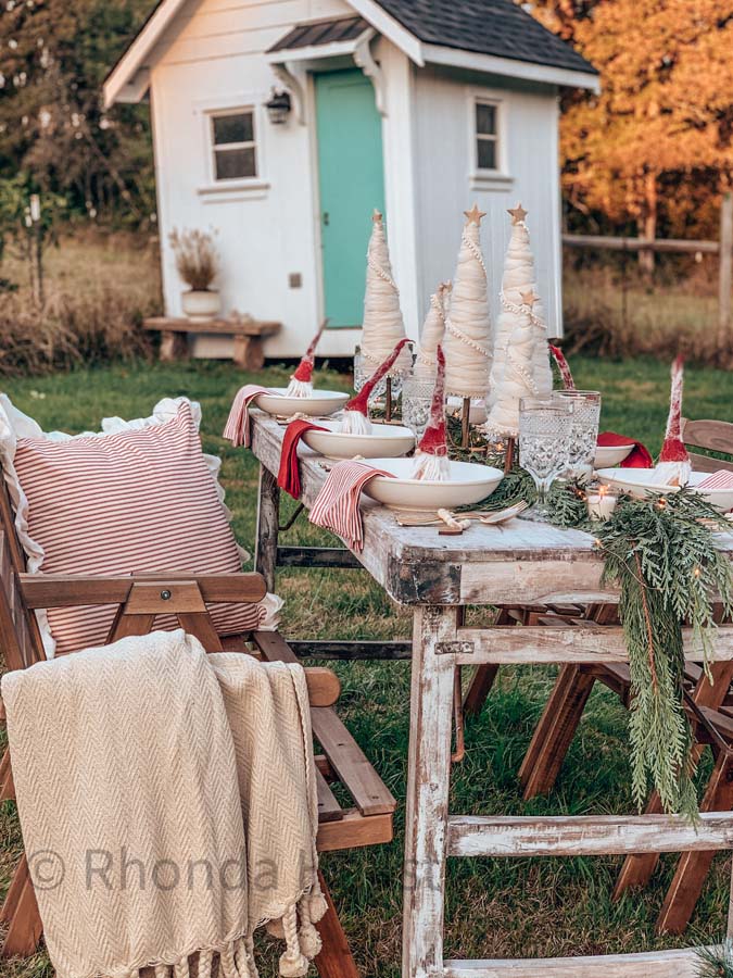 Cone Christmas Tree DIY |yarn tree|yarn christmas tree|christmas tablescape|christmas Table setting|farmhouse decor|farmhouse table|christmas tree|christmas yarn tree|red christmas table|covid christmas|social distance christmas|shabby chic christmas|christmas gnome|Hallstrom Home