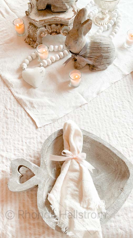 Simple Farmhouse Valentine's Day Tablescape |Valentines Day | how to decorate for valentines day | romantic table | shabby chic table scape | farmhouse table scape | french country decor | family valentines day | easy table setting | simple table scape | heart charger | HallstromHome