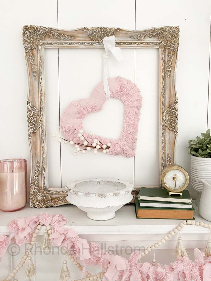 Easy DIY Fabric Wreath |rag wreath tutorial|valentine wreath|valentine decor|heart wreath|easy wreath diy|heart wreath diy|farmhouse decor|shabby chic style|french valentine|valentine decorating|valentine mantel|fabric wreath|fabric wreath tutorial|wreath diy tutorial|HallstromHome