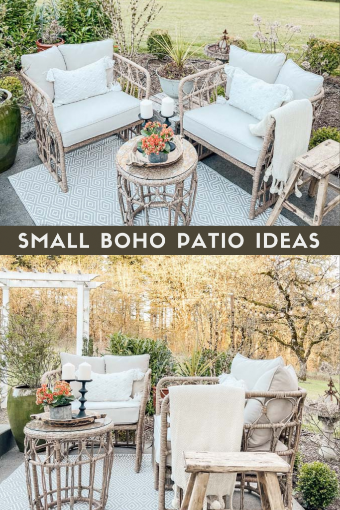 Small Boho Patio Ideas / How to create a boho space / boho outdoor furniture / design outdoor space / easy outdoor ideas / summer outdoor furniture / ways to decorate outdoor decor / modern outdoor furniture / boho front porch / boho patio furniture / Pinterest Image / HallstromHome