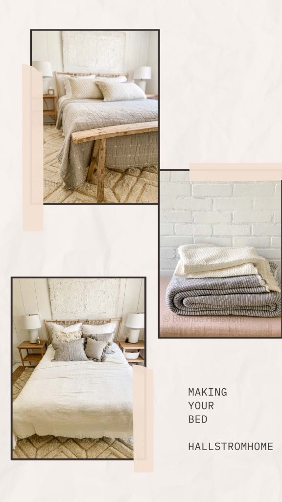Making Your Bed / Steps To Make A Bed / Boho Bedding Set/ Bed Decor / How To Make Your Bed Cozy / Blue and Cream Bedding Set / Summer Bedding Ideas / How To Make A Bed / Bed Set / Easy Bedroom Decor / HallstromHome