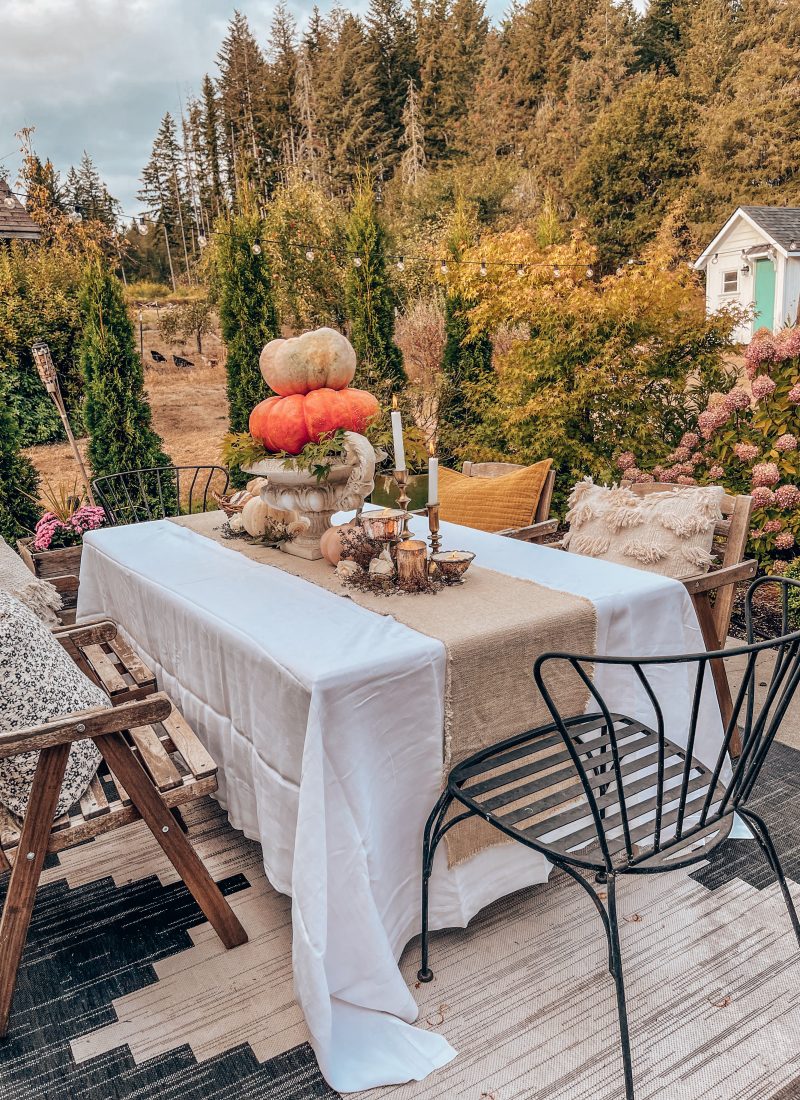 Outdoor Decor Ideas For Fall / Fall Party Tablescape Ideas / Fall Patio Ideas / Fall Pumpkin Centerpiece / How To Decorate For Fall Outside / Autumn Outdoor Decor Ideas / Fall Decor Tablescape / HallstromHome