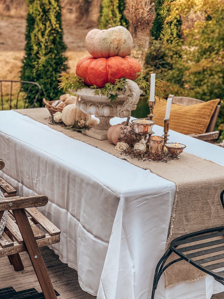 Outdoor Decor Ideas For Fall / Fall Party Tablescape Ideas / Fall Patio Ideas / Fall Pumpkin Centerpiece / How To Decorate For Fall Outside / Autumn Outdoor Decor Ideas / Fall Decor Tablescape / HallstromHome